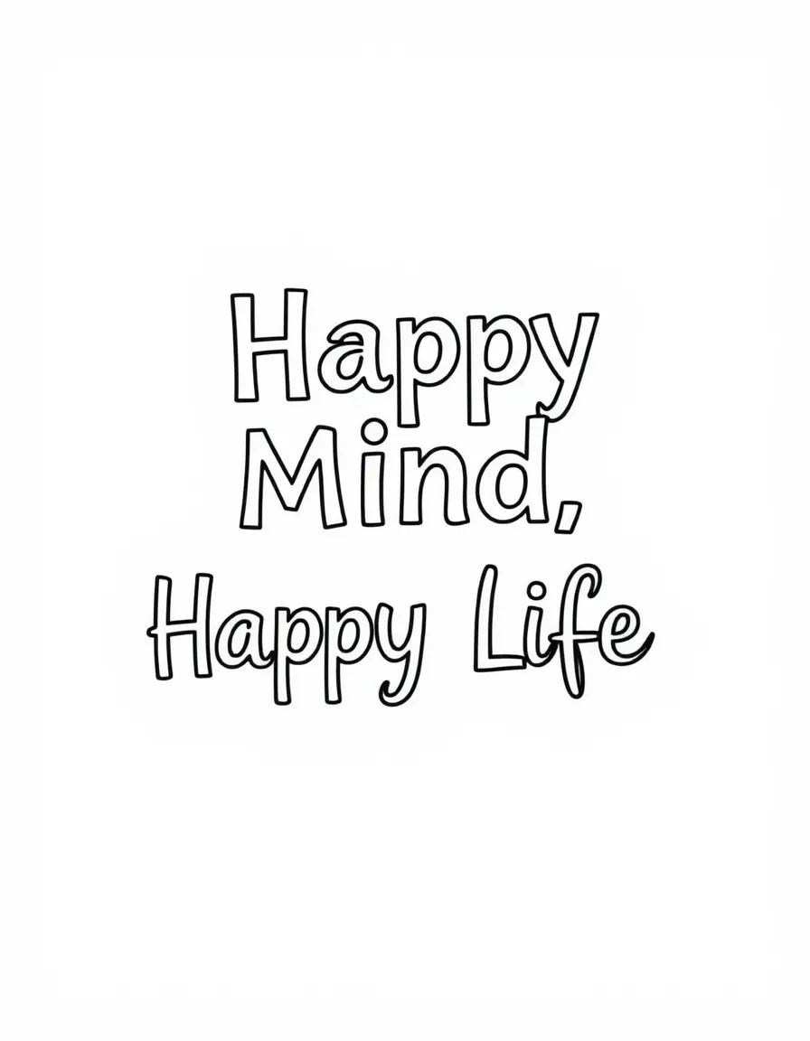 **Happy Mind, Happy Life** mindful living coloring page, include the text "Happy Mind, Happy Life".