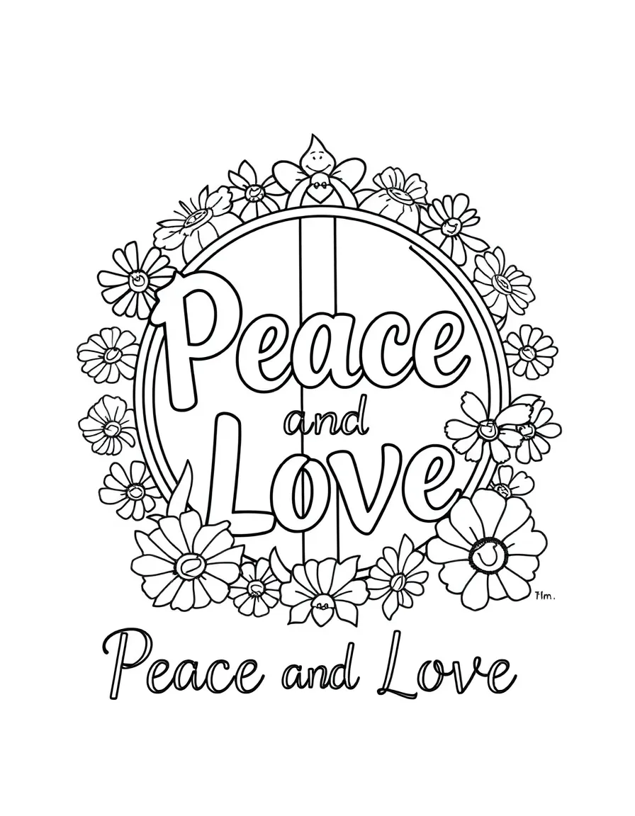**Peace and Love** harmonious coloring page, include the text "Peace and Love".