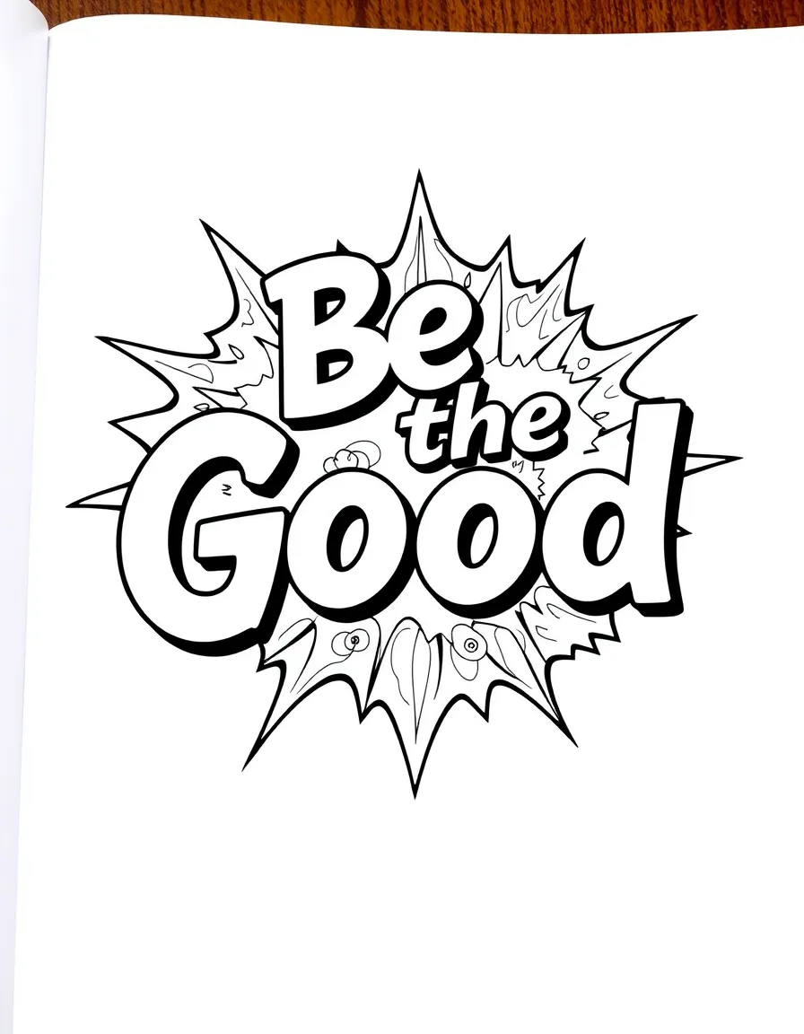 **Be the Good** impactful action coloring page, include the text "Be the Good".