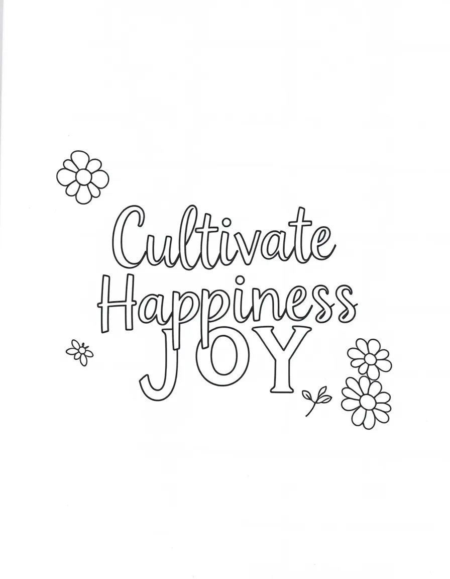 **Cultivate Happiness** nurturing joy coloring page, include the text "Cultivate Happiness".