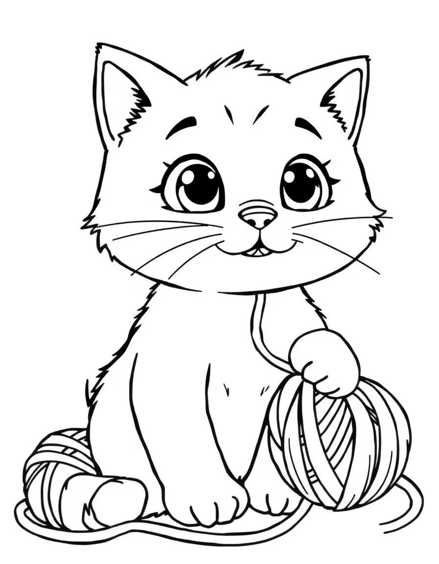 adorable cartoon cat with yarn coloring page