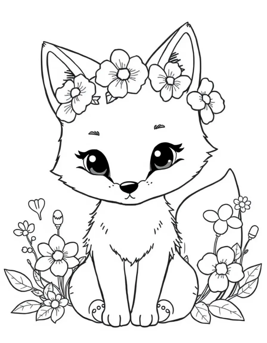 cute anime fox with flowers coloring page