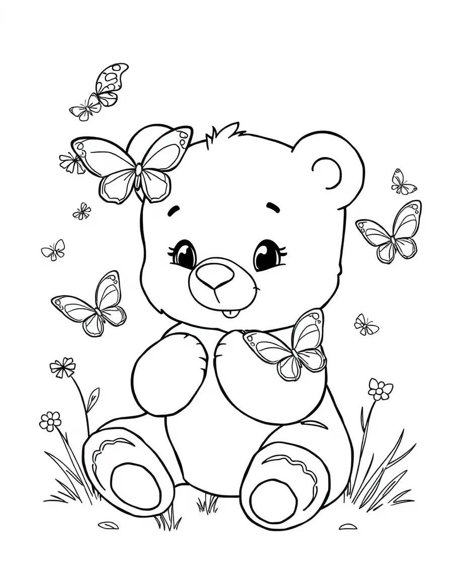 cuddly baby bear playing with butterflies coloring page