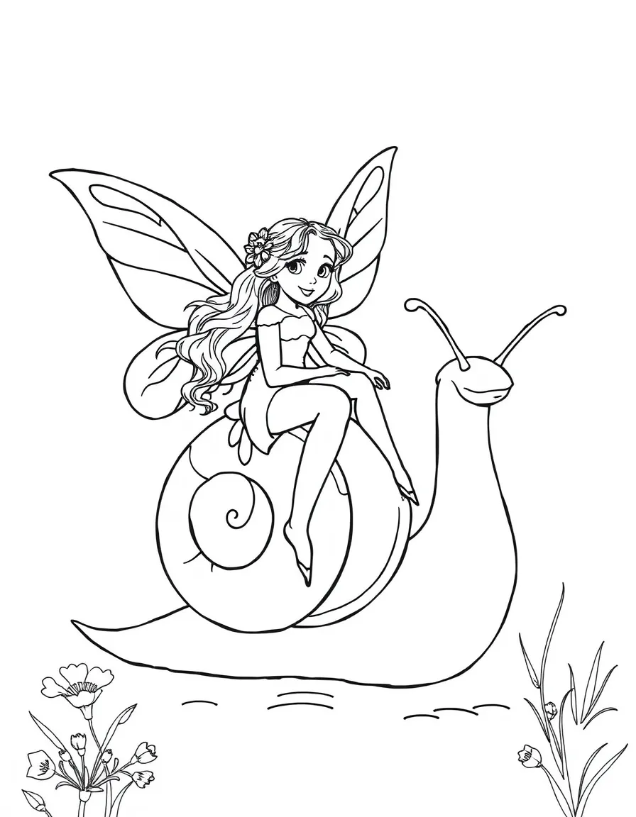 charming fairy riding a snail coloring page