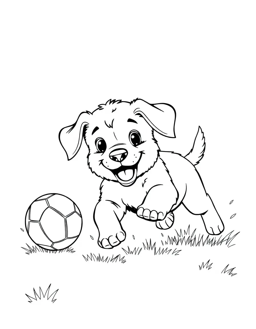 playful puppy chasing a ball coloring page