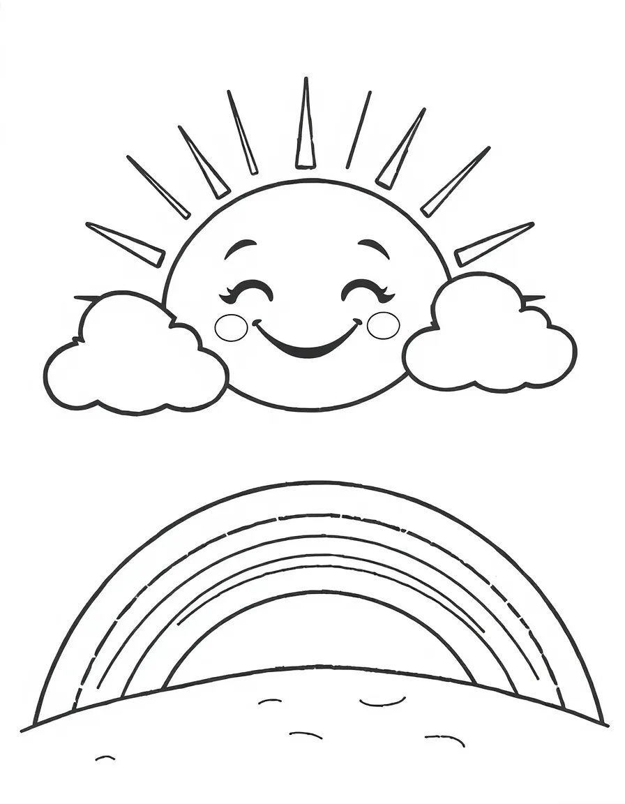 happy sun with clouds and a rainbow coloring page