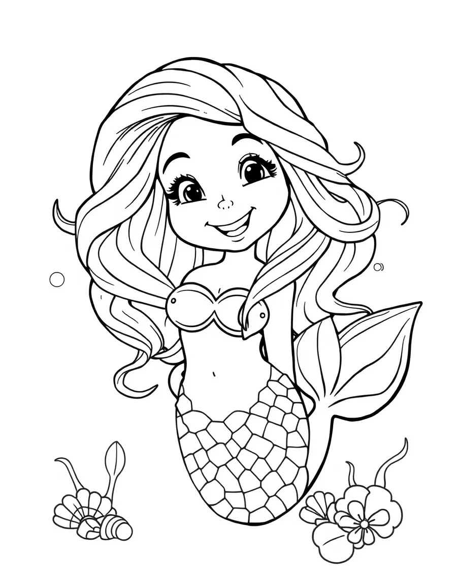 smiling mermaid with seashells coloring page