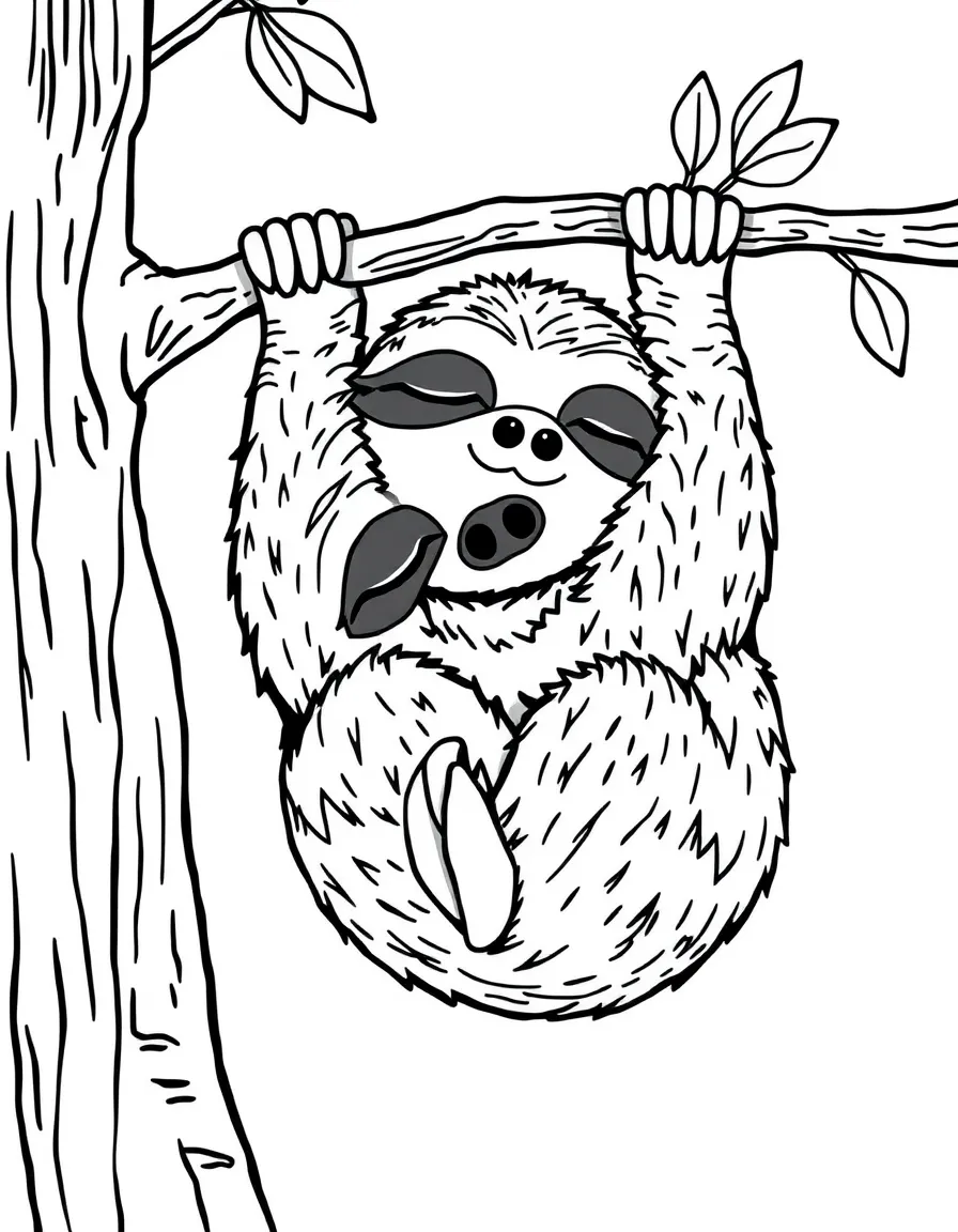 sleepy sloth hanging from a branch coloring page