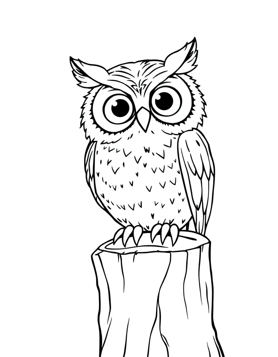 curious owl on a tree stump coloring page
