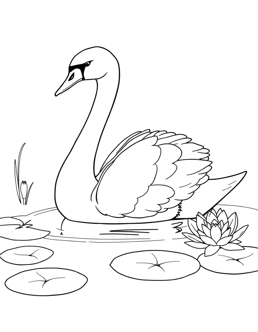elegant swan on a pond with lily pads coloring page