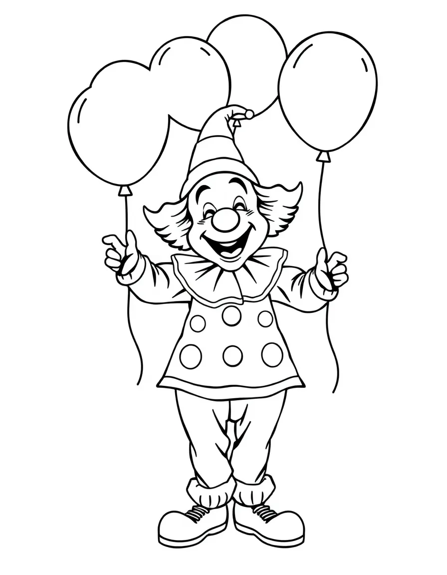 joyful clown with balloons coloring page