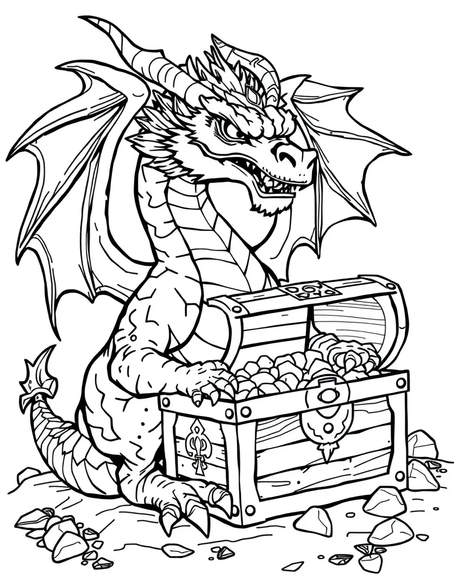 majestic dragon guarding a treasure chest coloring page