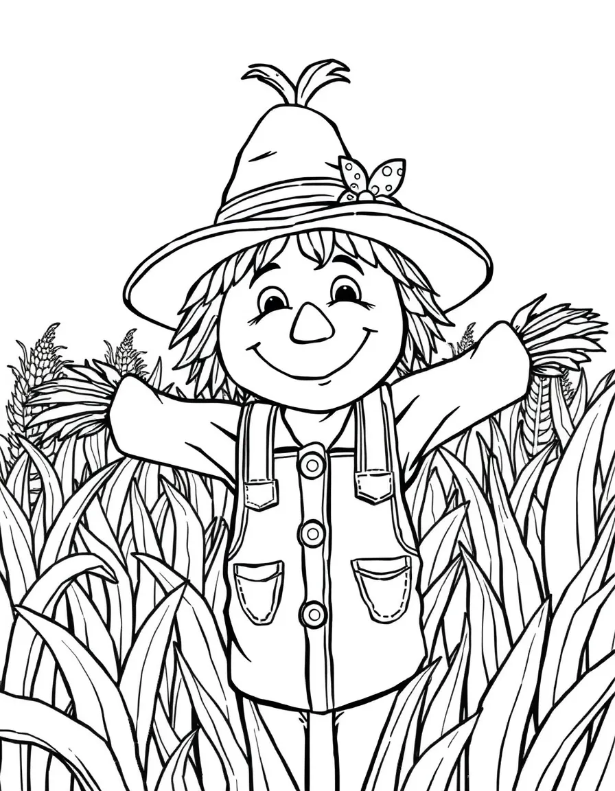 cheerful scarecrow in a cornfield coloring page