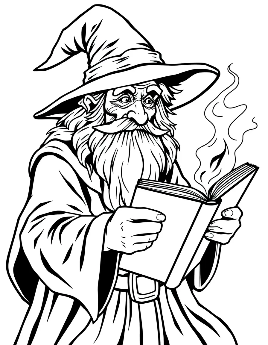 wise old wizard with a spell book coloring page