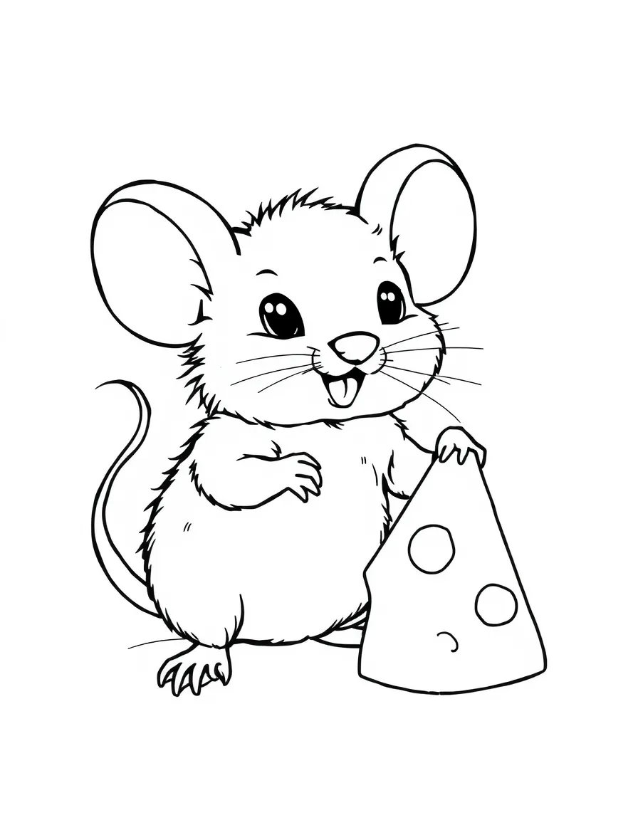 tiny mouse with a piece of cheese coloring page
