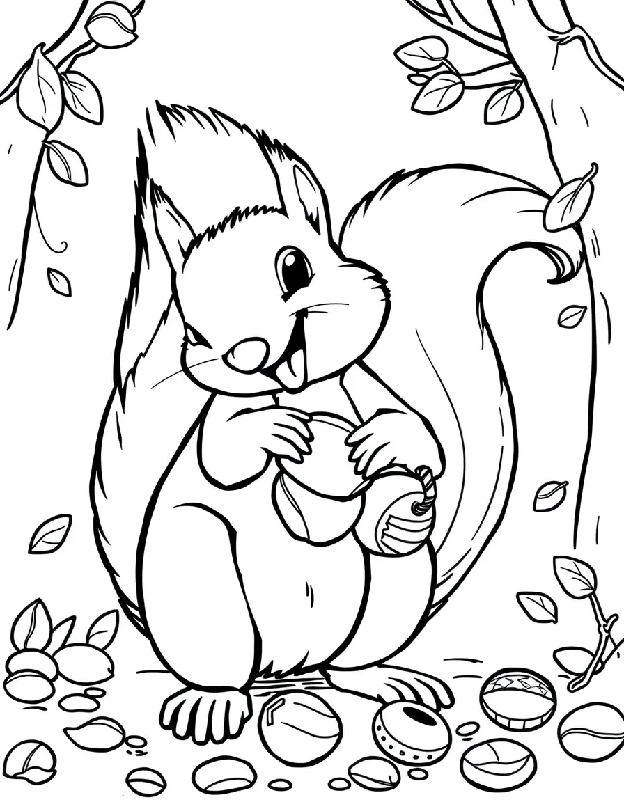 energetic squirrel collecting nuts coloring page