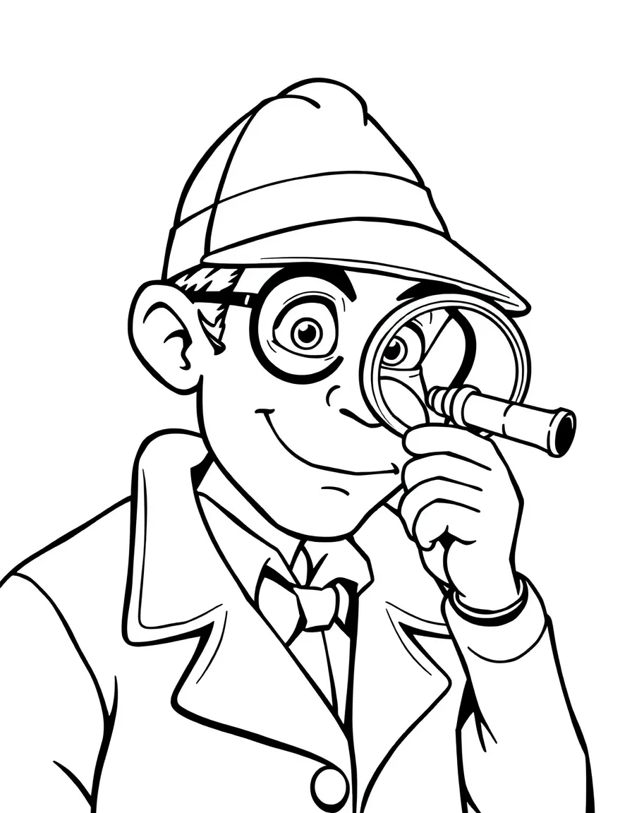 clever detective looking through a magnifying glass coloring page