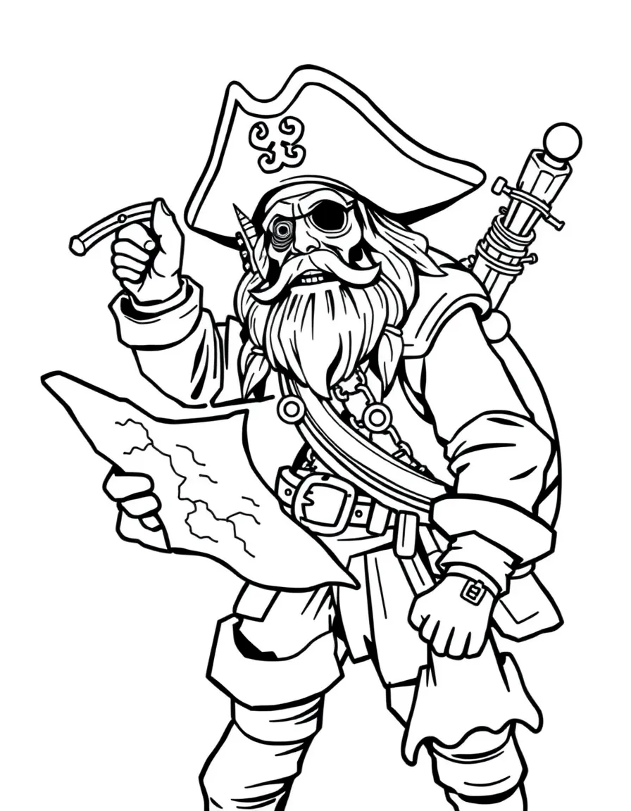 adventurous pirate with a map coloring page