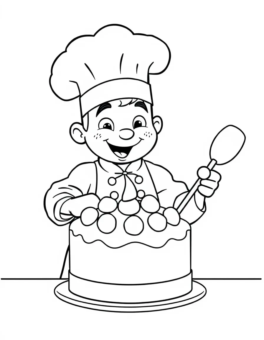 friendly chef baking a cake coloring page