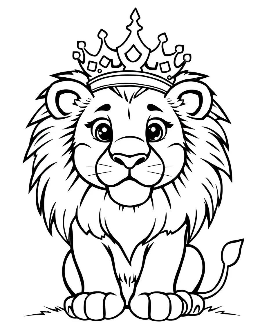 a proud lion cub with a crown coloring page