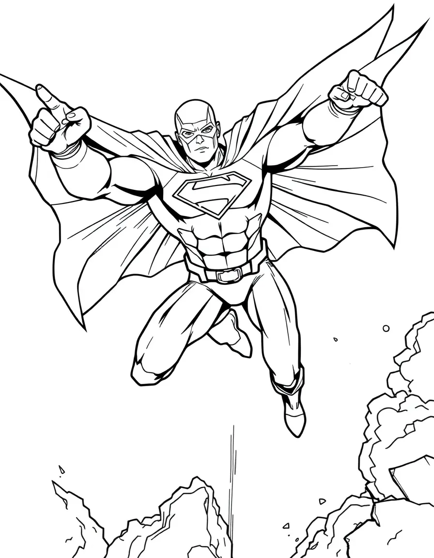 a powerful superhero flying coloring page