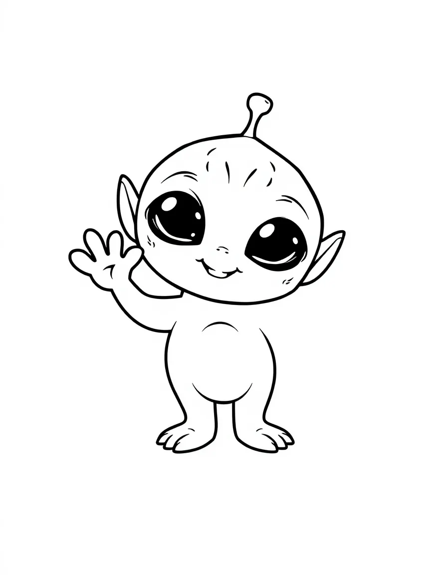 a cute alien waving hello coloring page