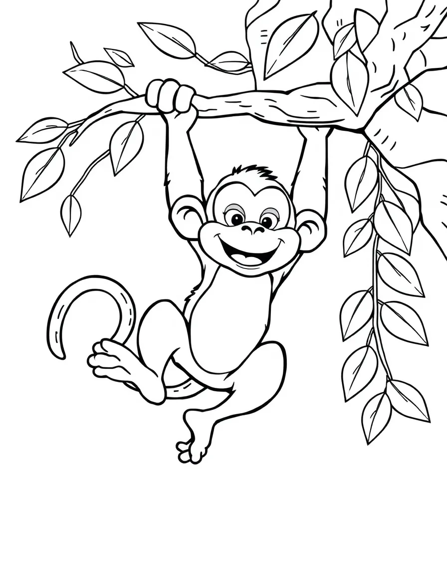 a playful monkey swinging from a tree coloring page