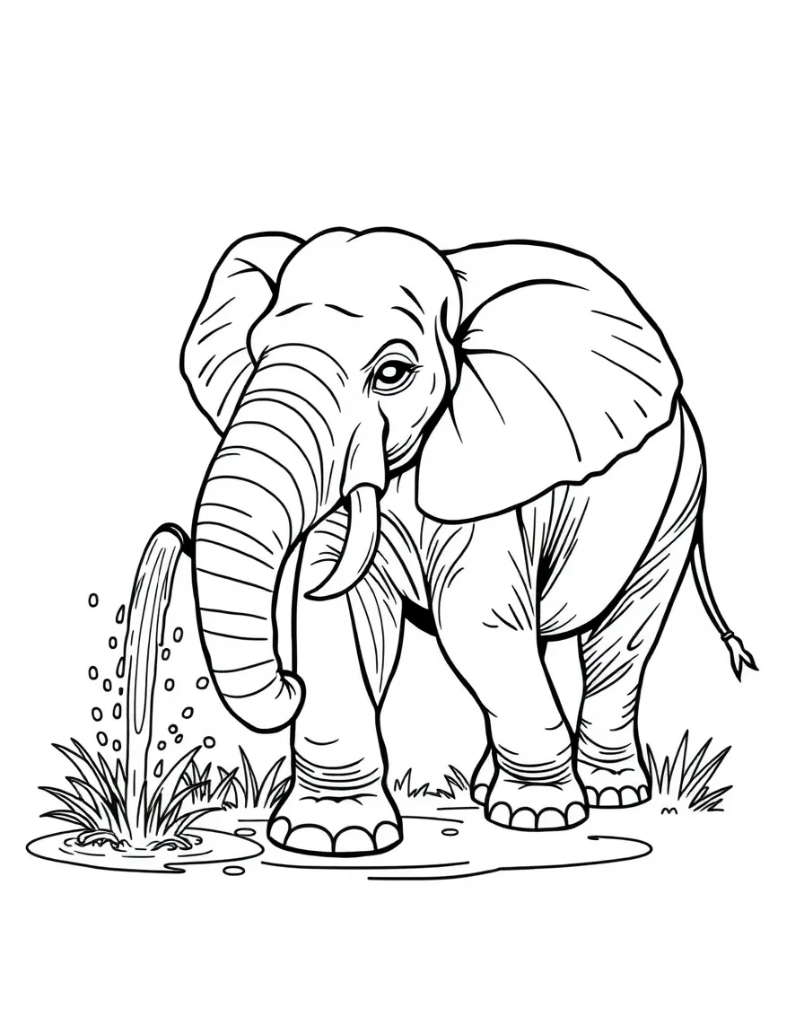 a majestic elephant spraying water coloring page