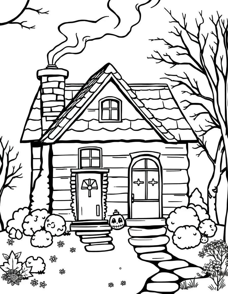 a cozy house with a smoking chimney coloring page