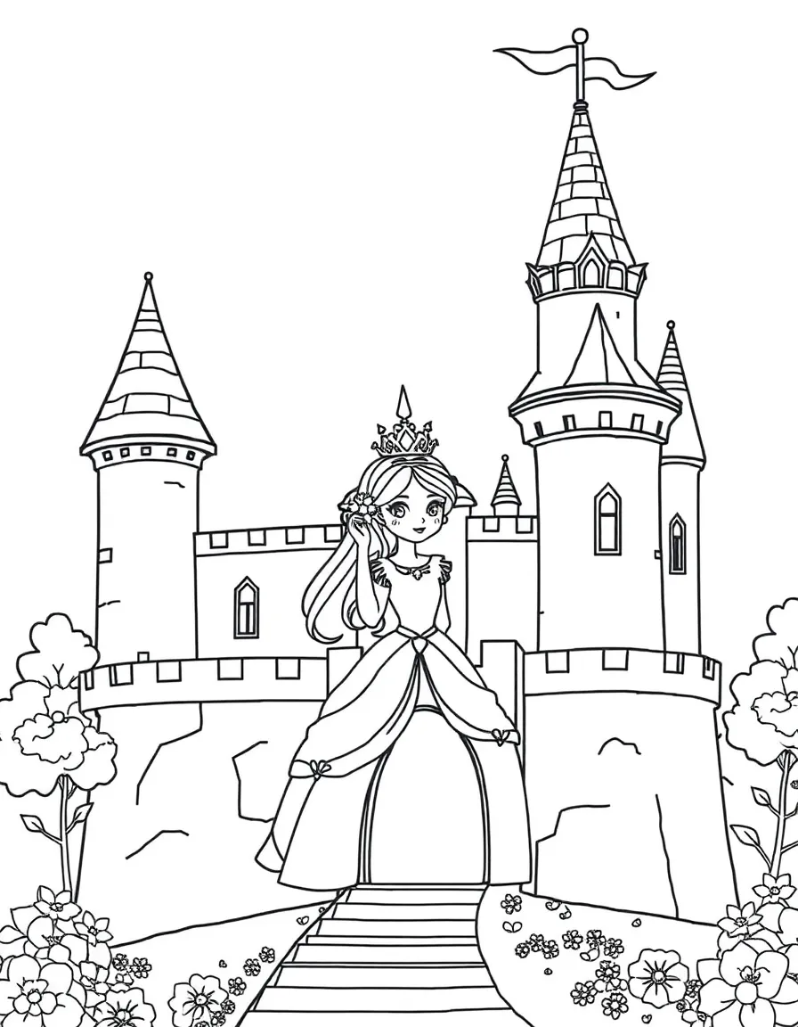 a charming princess in a castle coloring page