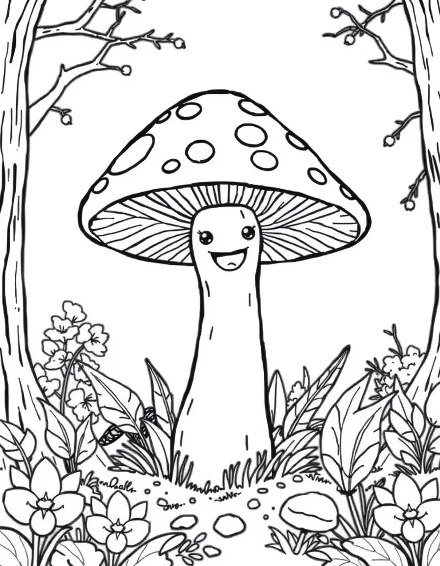 a cheerful mushroom in a forest coloring page