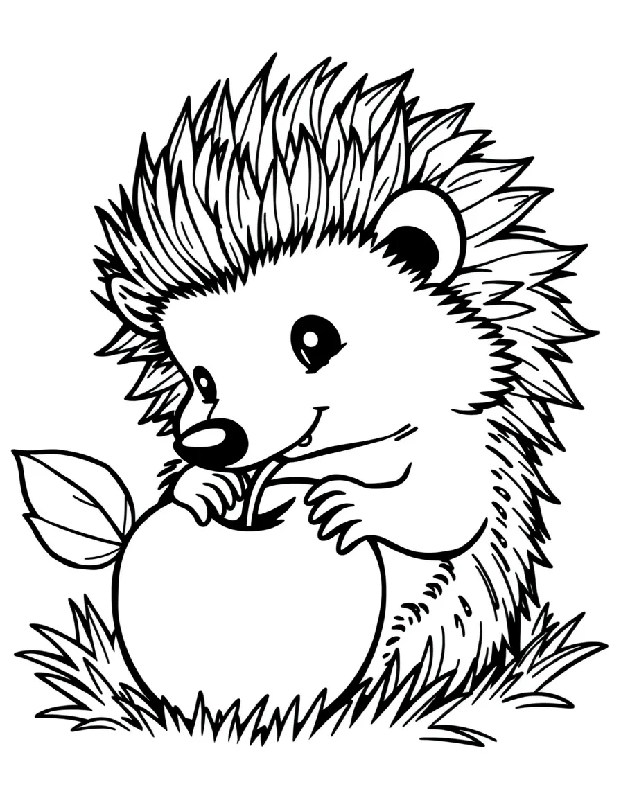a cute hedgehog with an apple coloring page