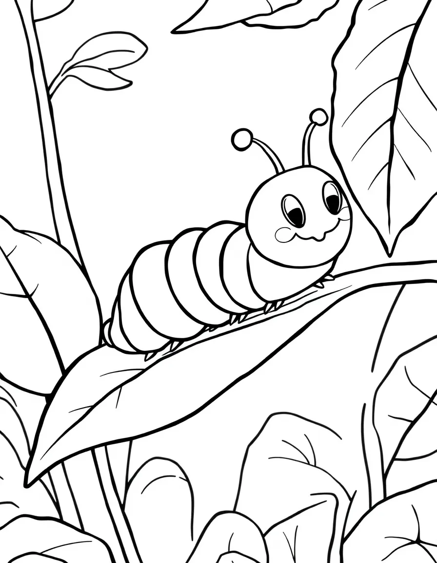 a friendly caterpillar on a leaf coloring page