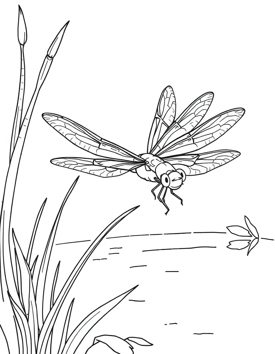 a buzzing dragonfly near a pond coloring page