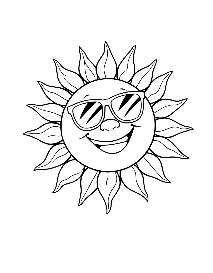 a smiling sun wearing sunglasses coloring page