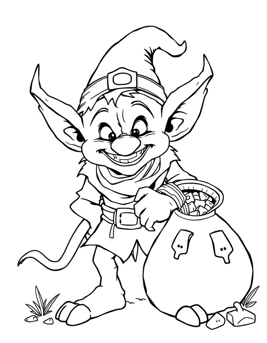 a mischievous goblin with a treasure bag coloring page