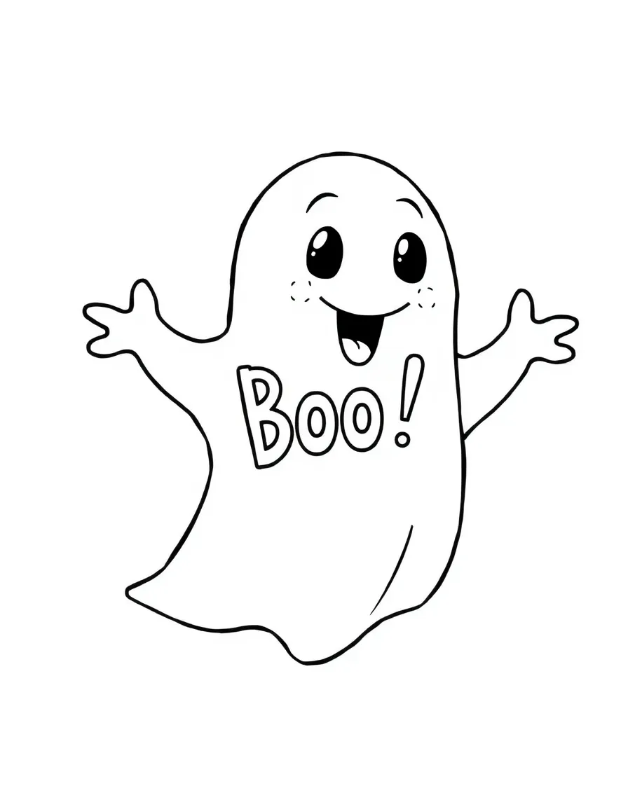 a friendly ghost saying "boo!" coloring page