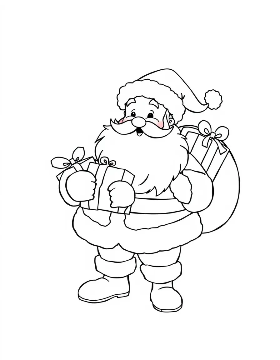 a jolly Santa Claus with presents coloring page
