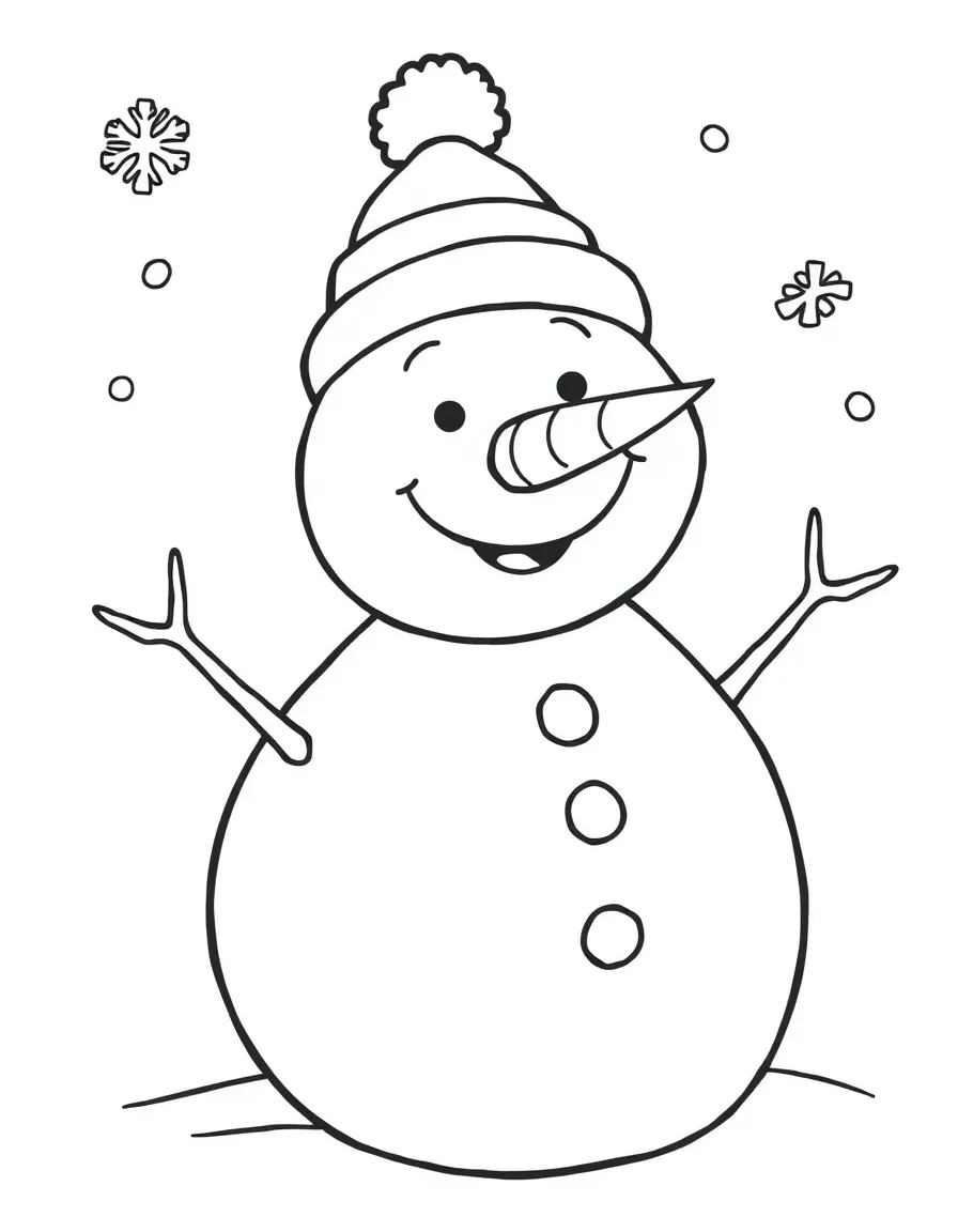a cheerful snowman with a carrot nose coloring page