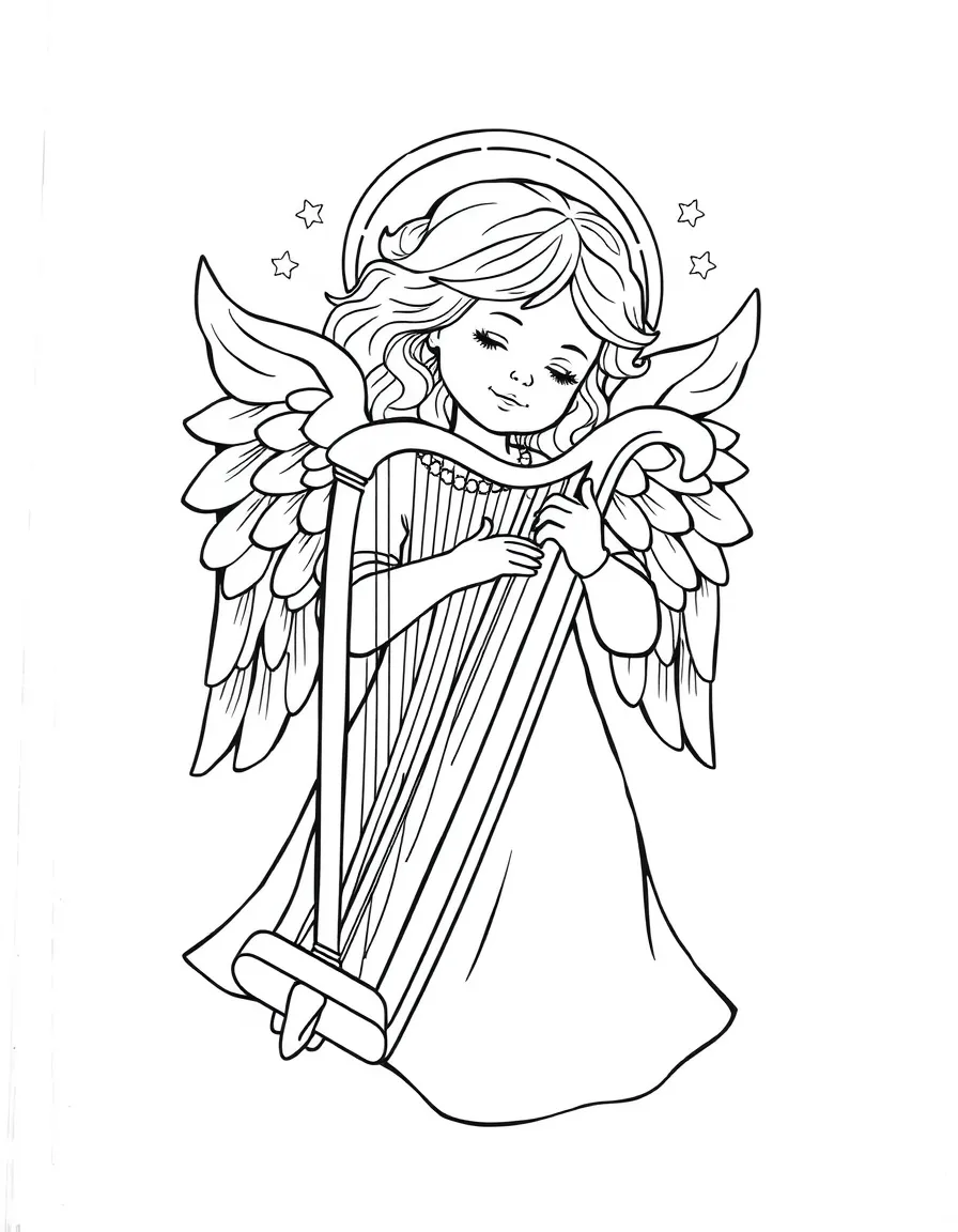 a sweet angel with a harp coloring page