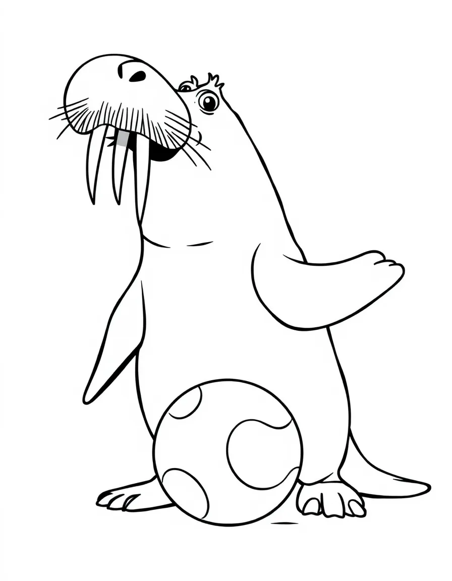 a playful walrus balancing a ball coloring page