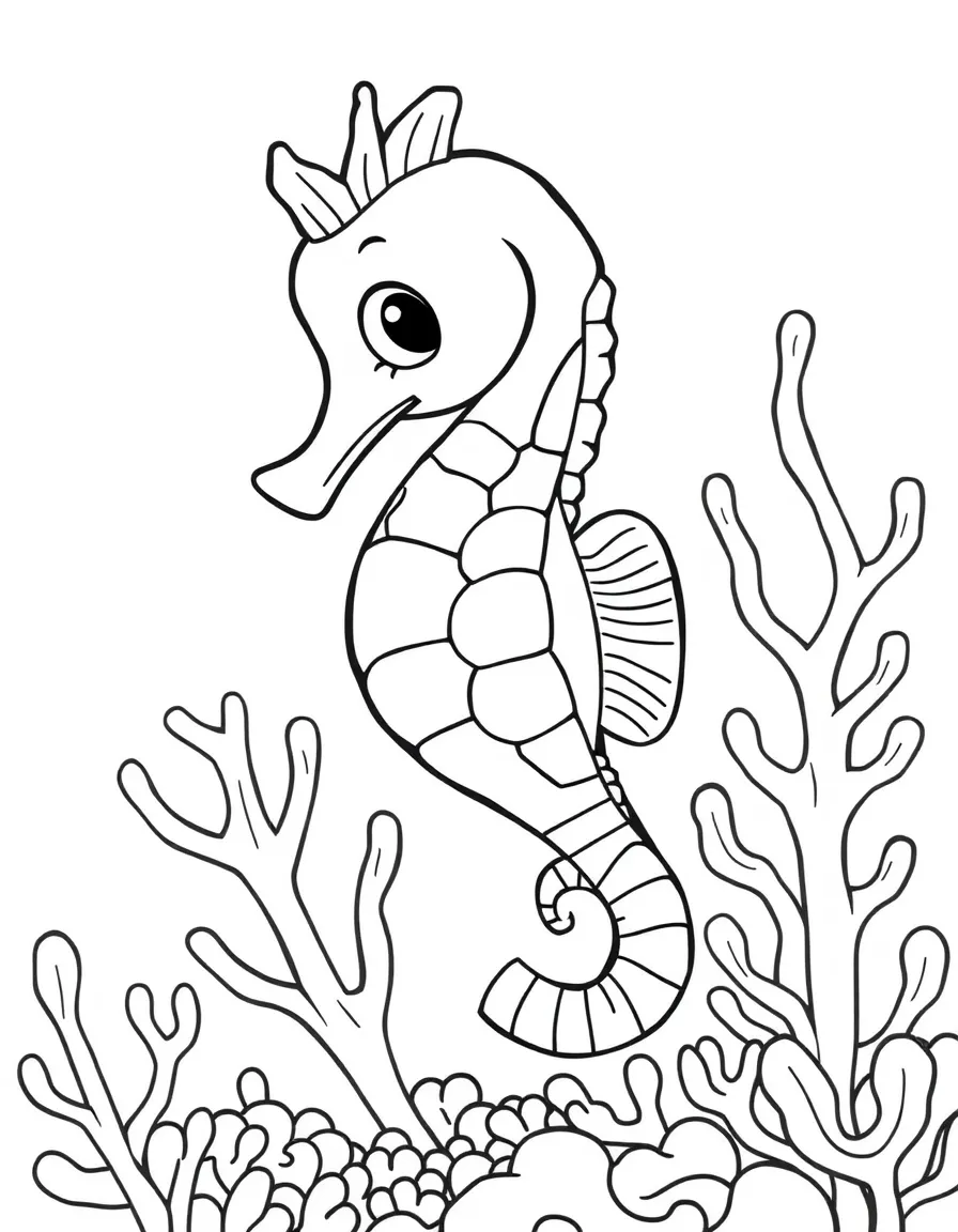 a cute seahorse in coral coloring page