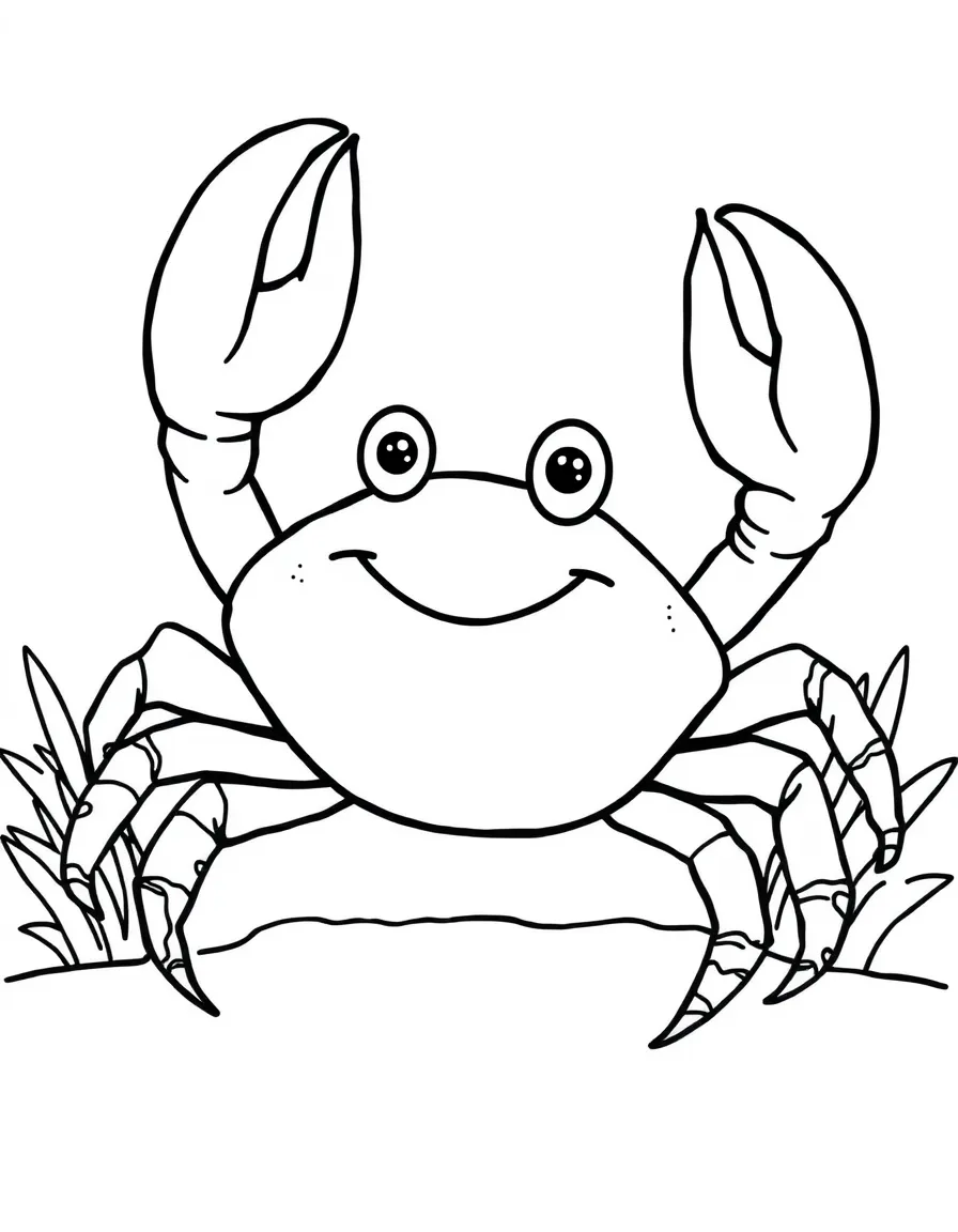 a happy crab waving its claws coloring page