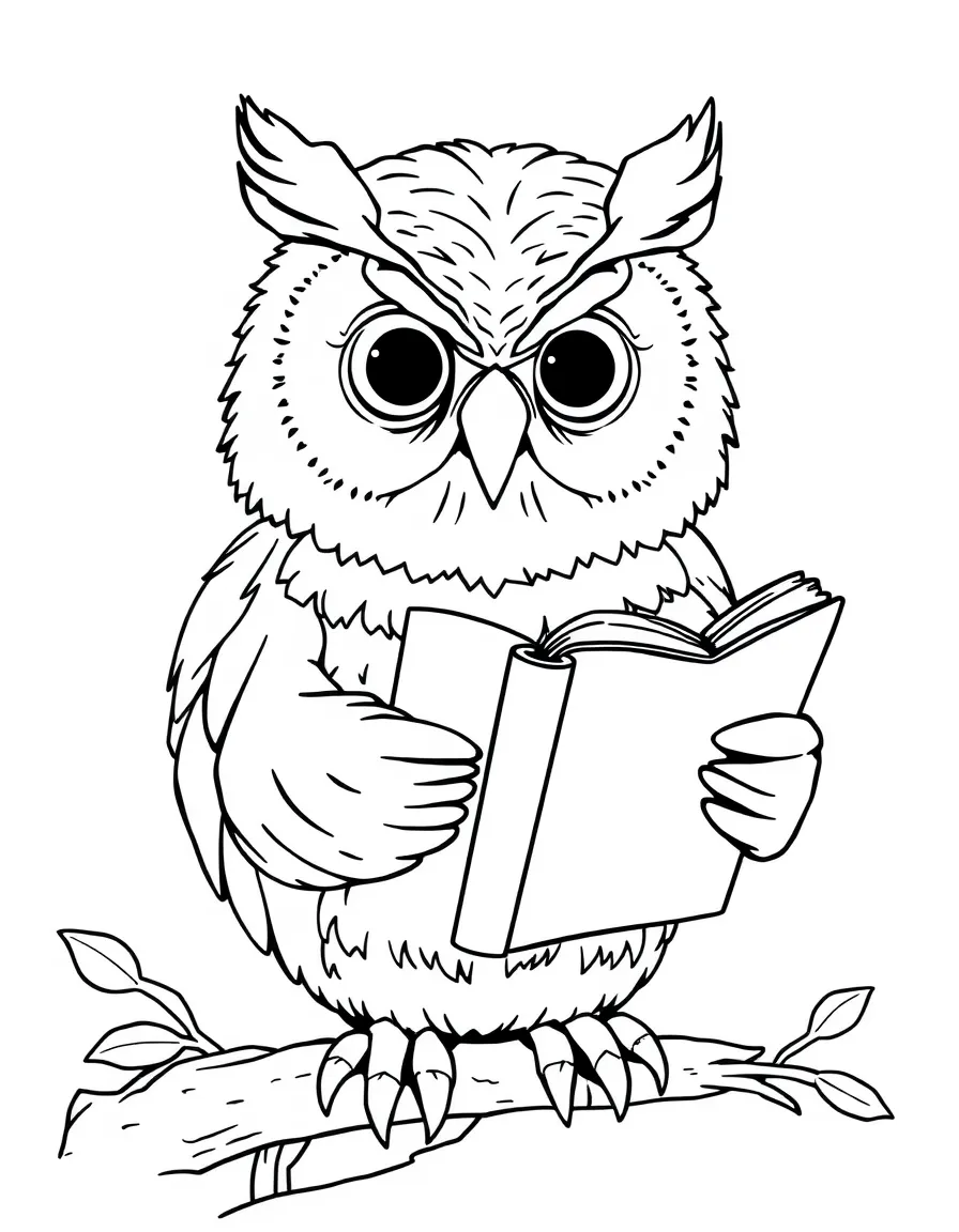 a wise old owl reading a book coloring page