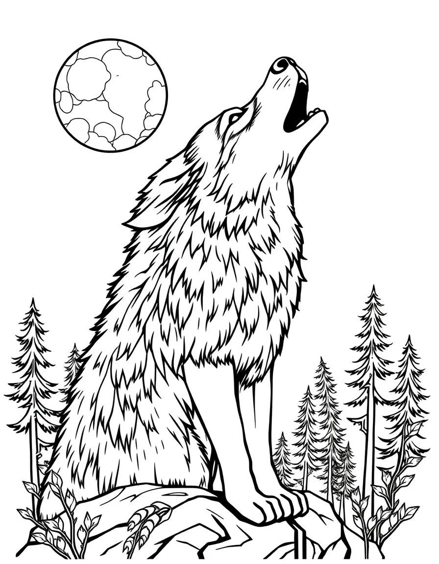 a brave wolf howling at the moon coloring page