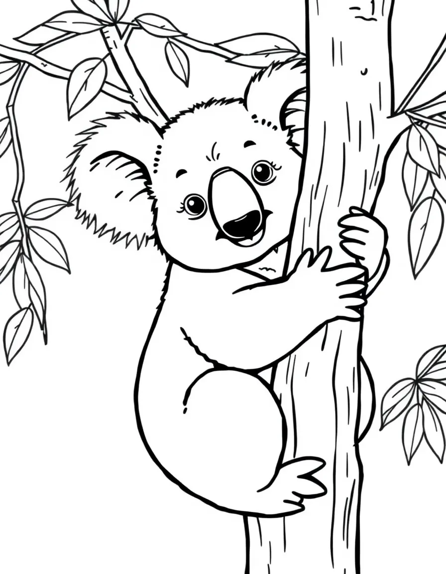 a friendly koala hugging a tree coloring page