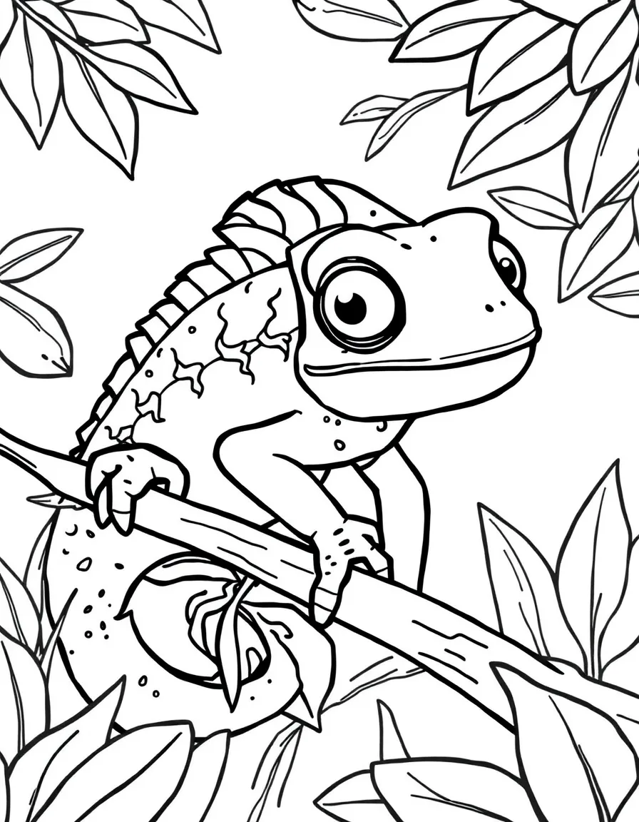 a cute chameleon blending in coloring page