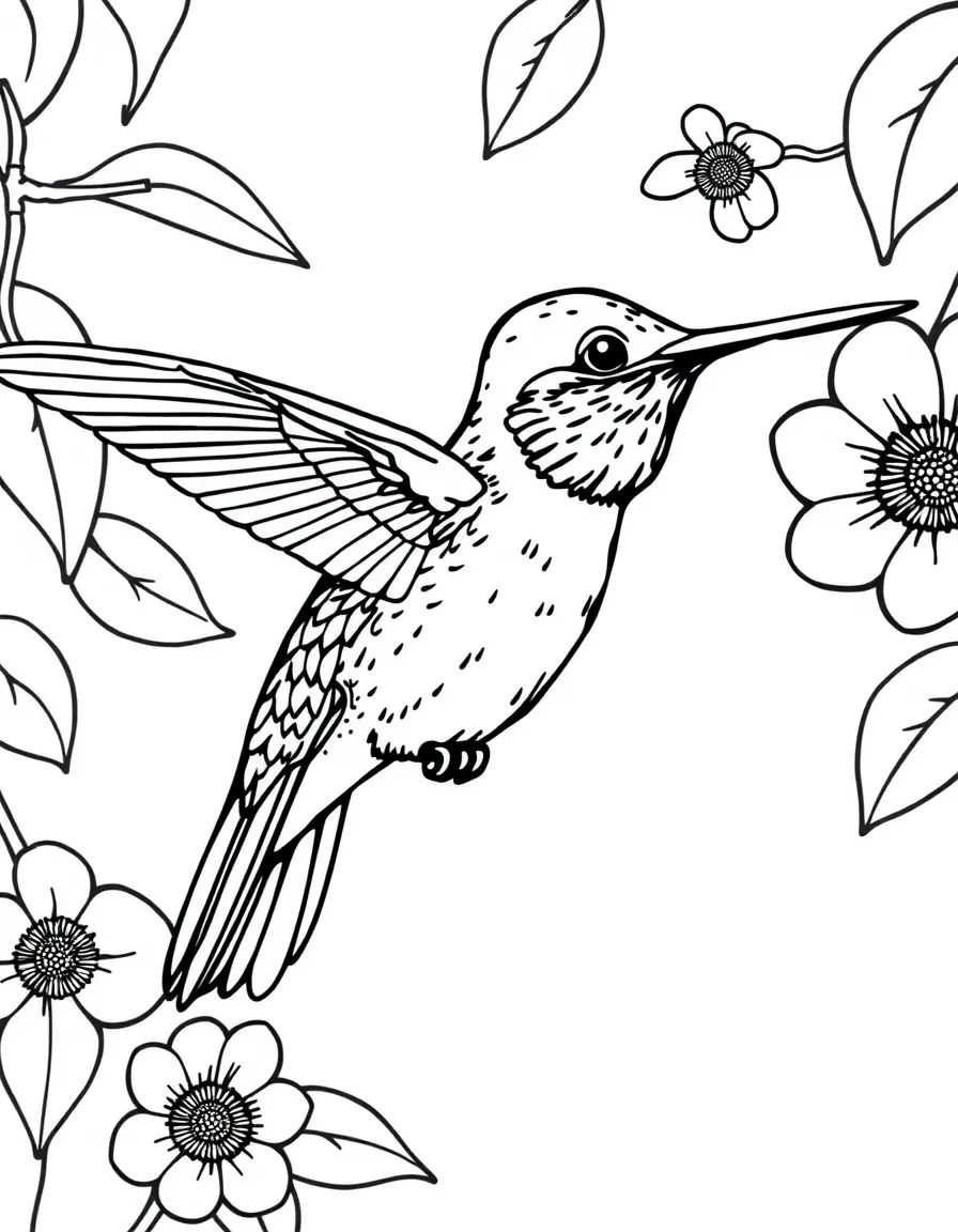 a tiny hummingbird sipping nectar coloring page
