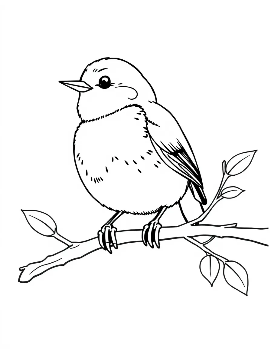 a cheerful robin on a branch coloring page