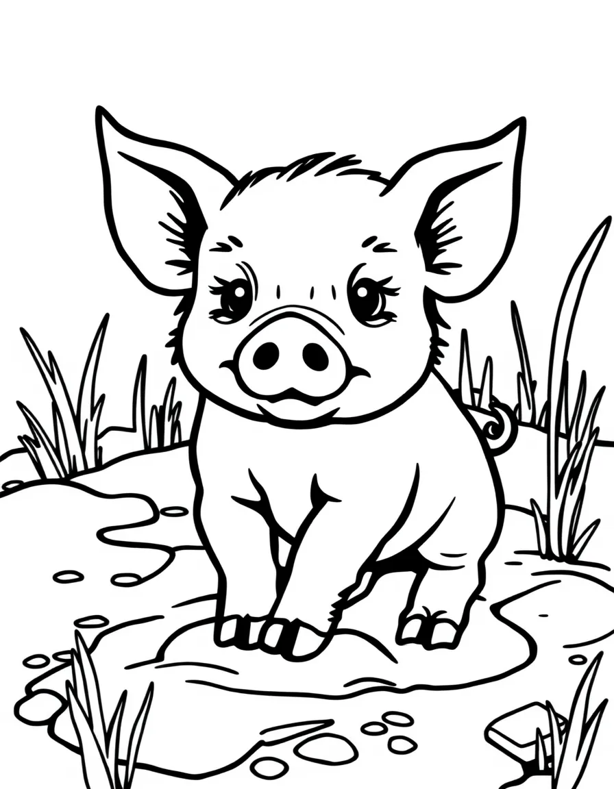 a cute little piglet in mud coloring page